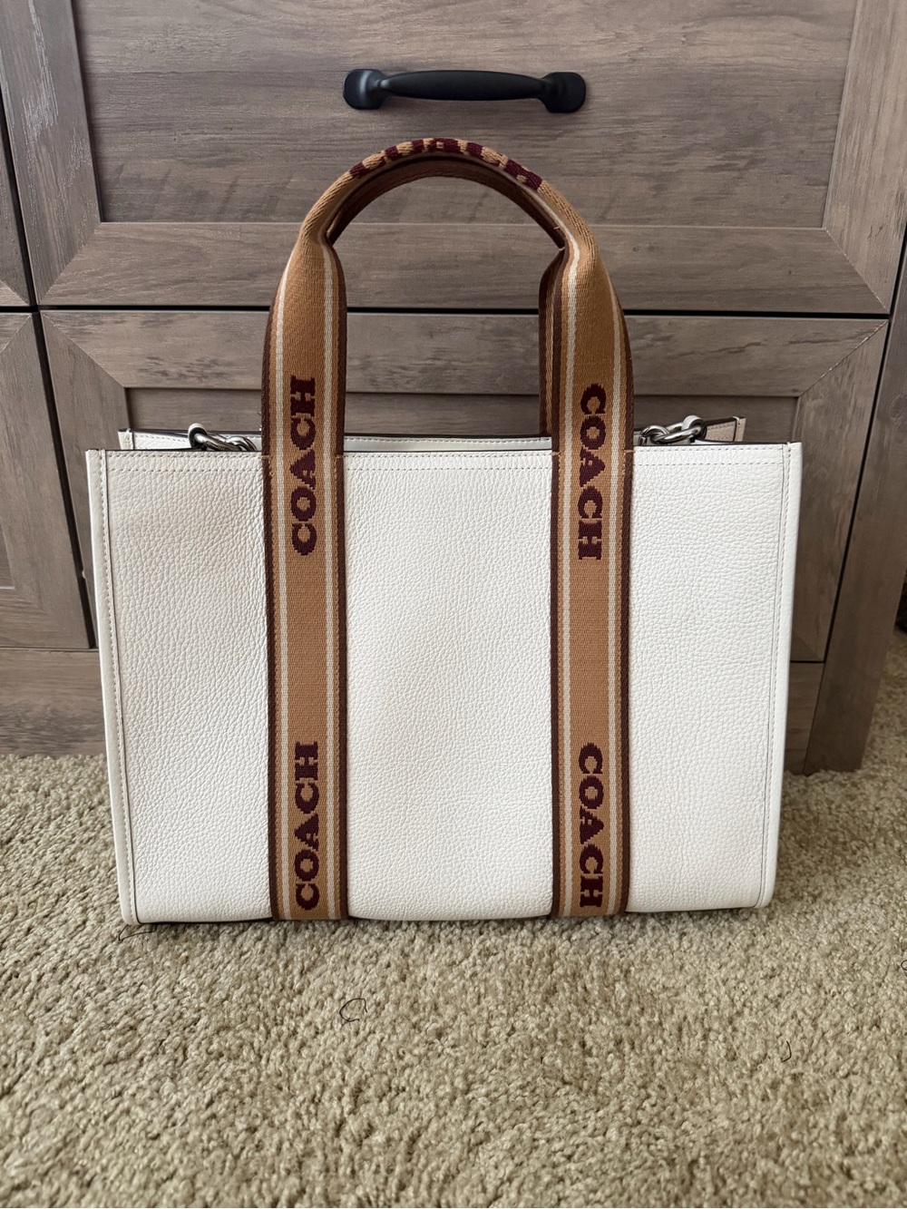Coach White Pebbled Leather Tote with Brown Logo Webbing Straps